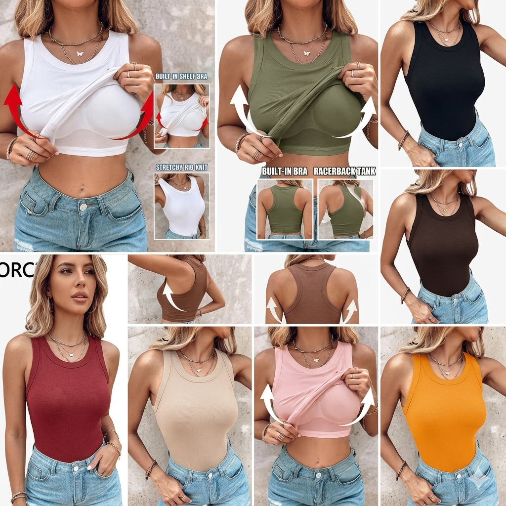 🍃This Week's Special | Built-in Bra Ribbed Tank Top – No Bra Needed💥